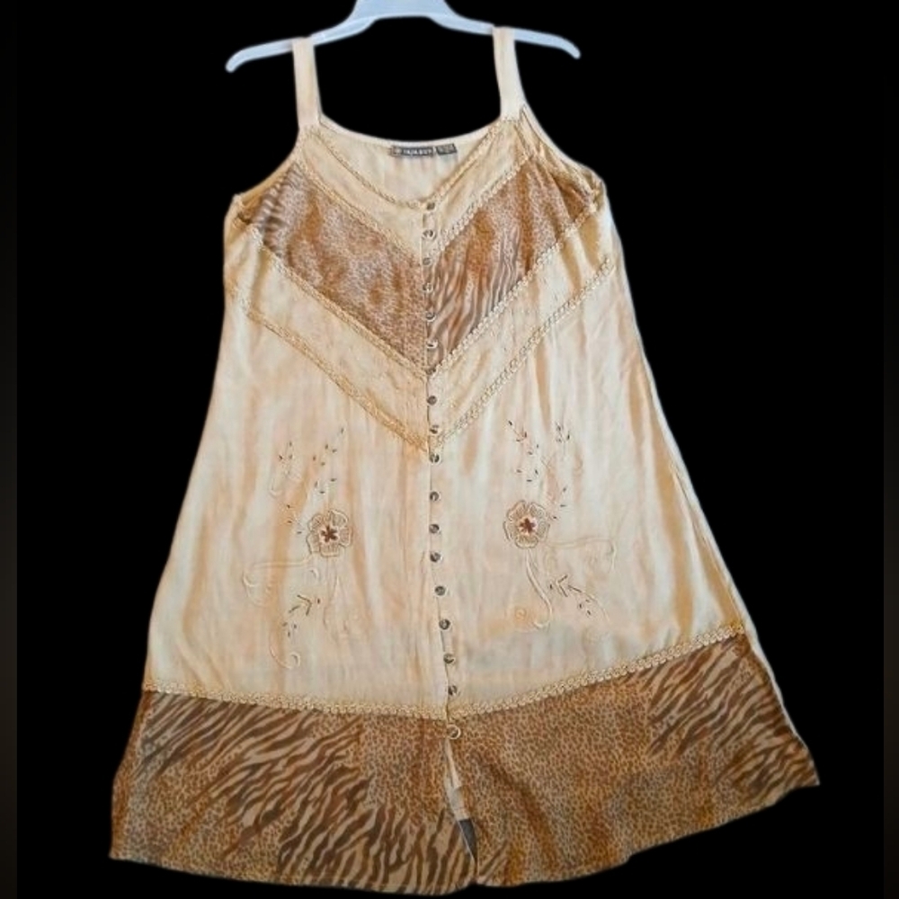 Raya Sun Tan and Brown Dress, Embroidered, Large, Boho - Picture 2 of 11